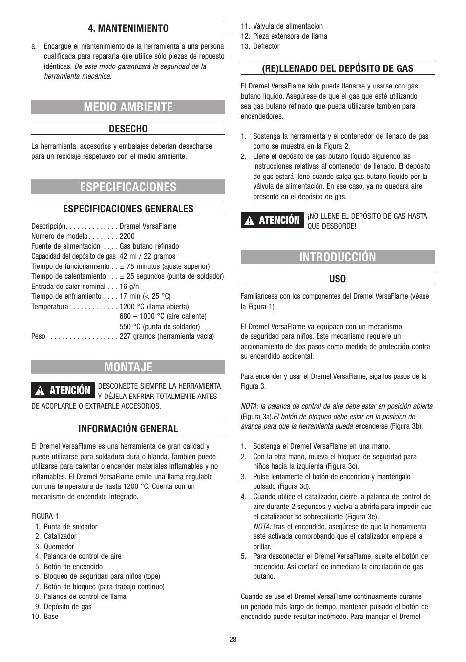 Medio ambiente, Especificaciones, Montaje | Introducción, Atención | Dremel VersaFlame User Manual | Page 28 / 80