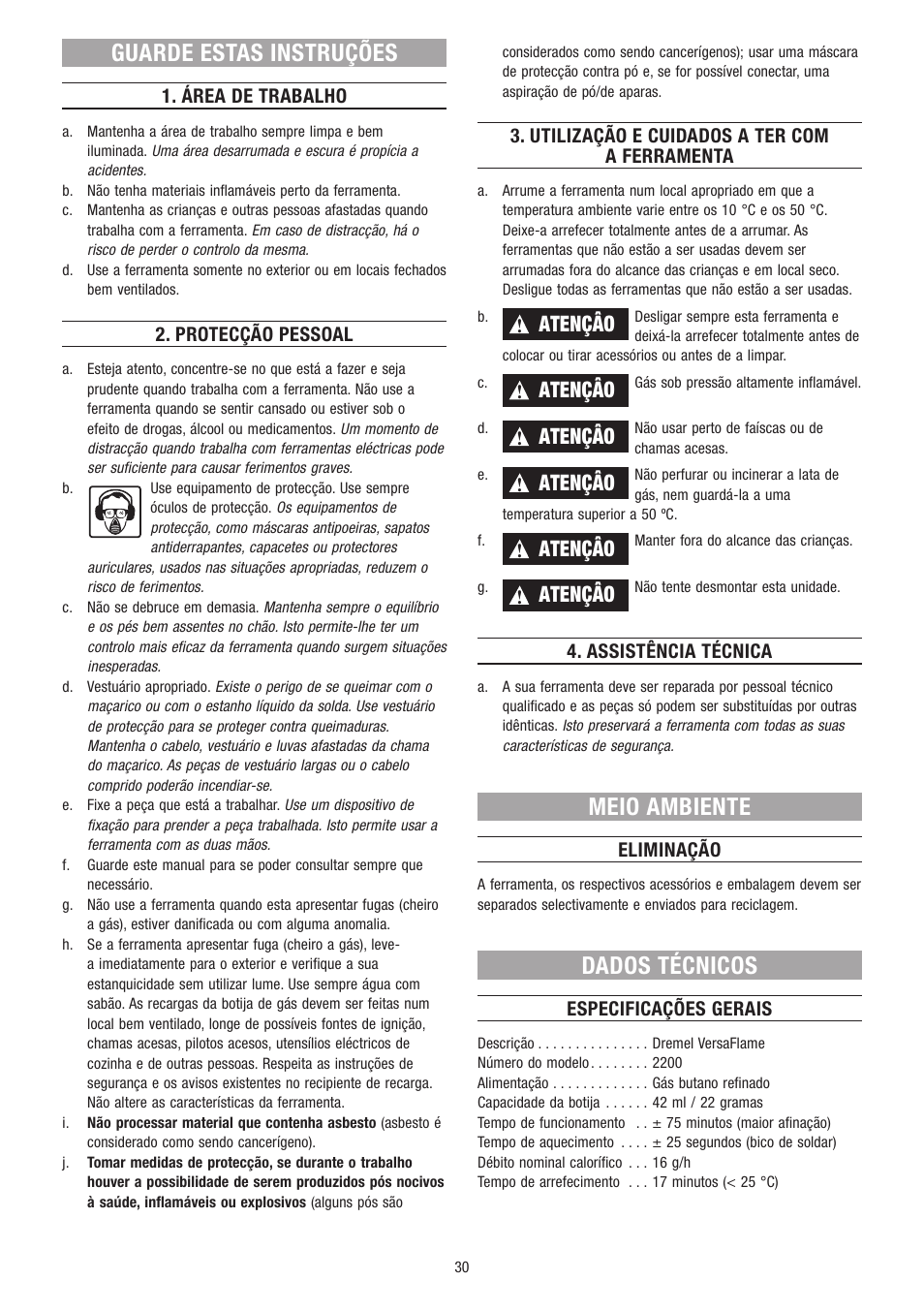 Guarde estas instruções, Meio ambiente, Dados técnicos | Atençâo | Dremel VersaFlame User Manual | Page 30 / 80