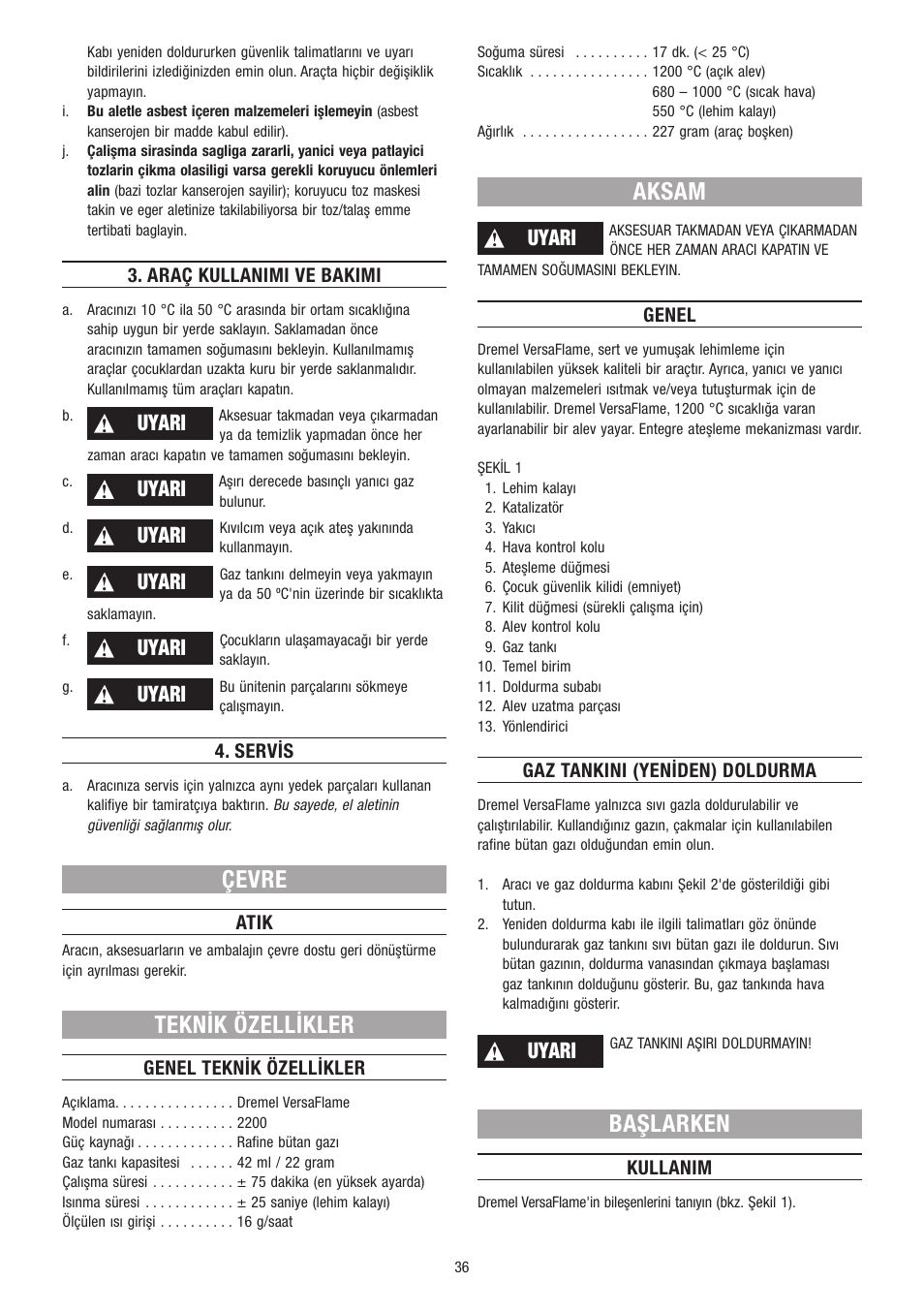 Çevre, Teknik özellikler, Aksam | Başlarken, Uyari | Dremel VersaFlame User Manual | Page 36 / 80