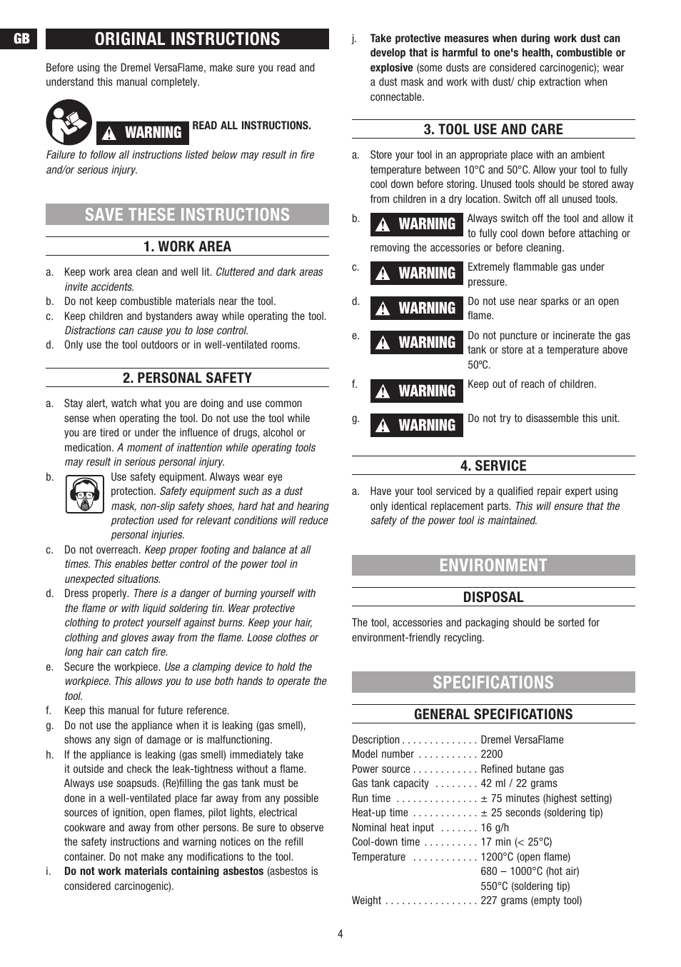 Original instructions, Save these instructions, Environment | Specifications, Warning | Dremel VersaFlame User Manual | Page 4 / 80