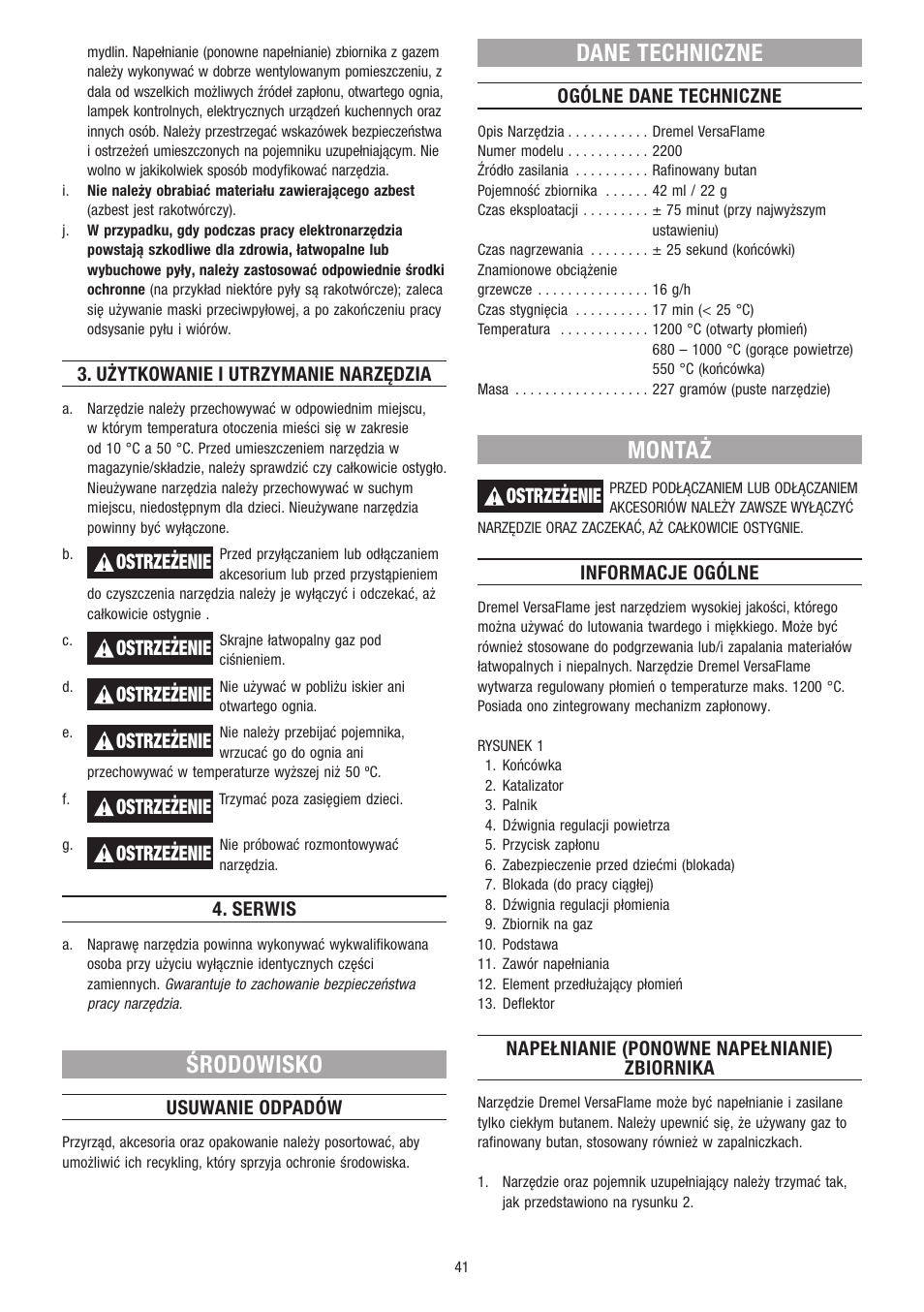 Środowisko, Dane techniczne, Montaż | Ostrzeżenie | Dremel VersaFlame User Manual | Page 41 / 80