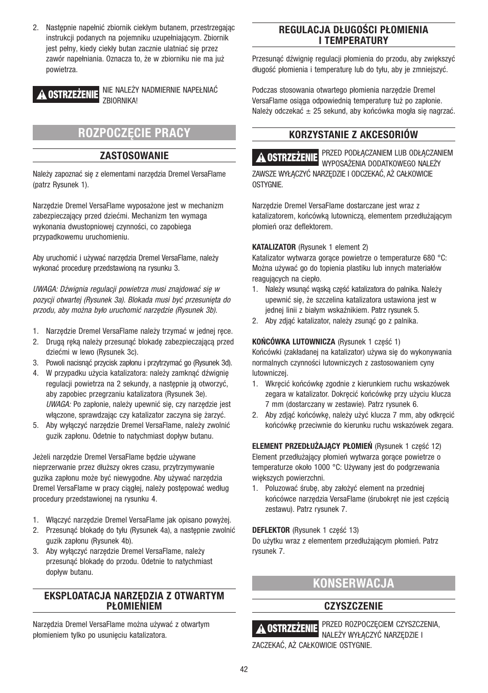 Rozpoczęcie pracy, Konserwacja, Ostrzeżenie | Dremel VersaFlame User Manual | Page 42 / 80