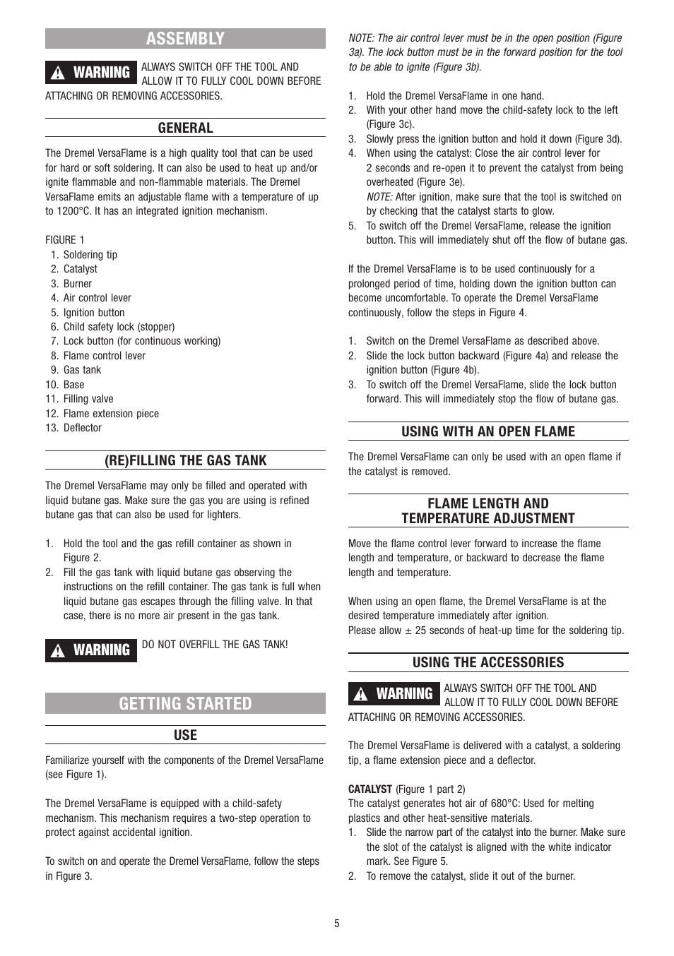 Assembly, Getting started, Warning | Dremel VersaFlame User Manual | Page 5 / 80