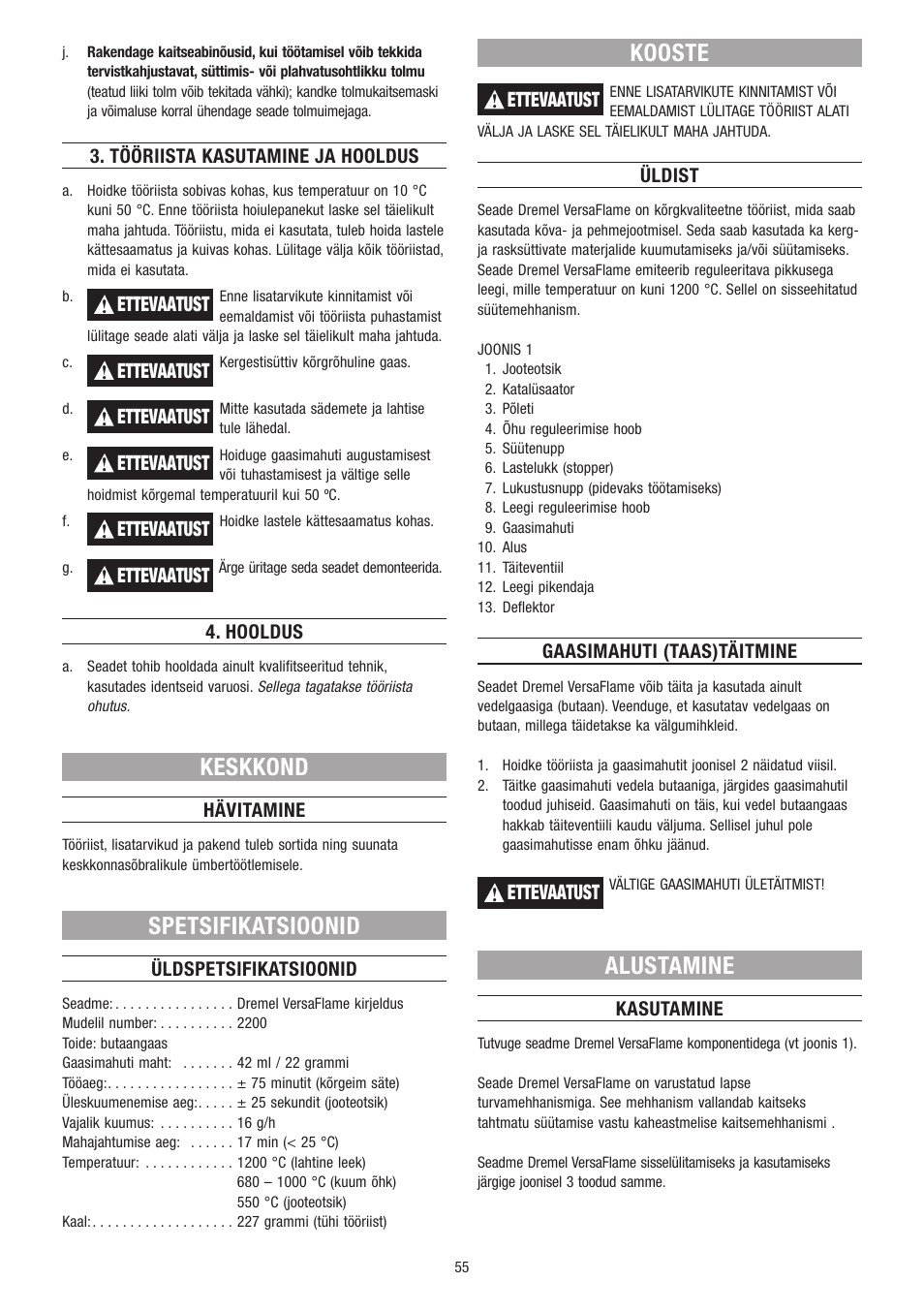 Keskkond, Spetsifikatsioonid, Kooste | Alustamine, Ettevaatust | Dremel VersaFlame User Manual | Page 55 / 80