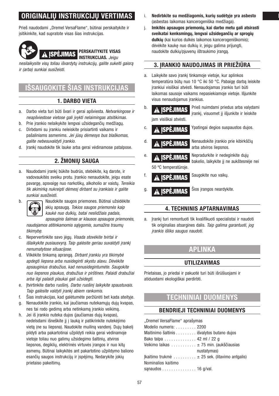 Originalių instrukcijų vertimas, Išsaugokite šias instrukcijas, Aplinka | Techniniai duomenys, Įspėjimas | Dremel VersaFlame User Manual | Page 57 / 80