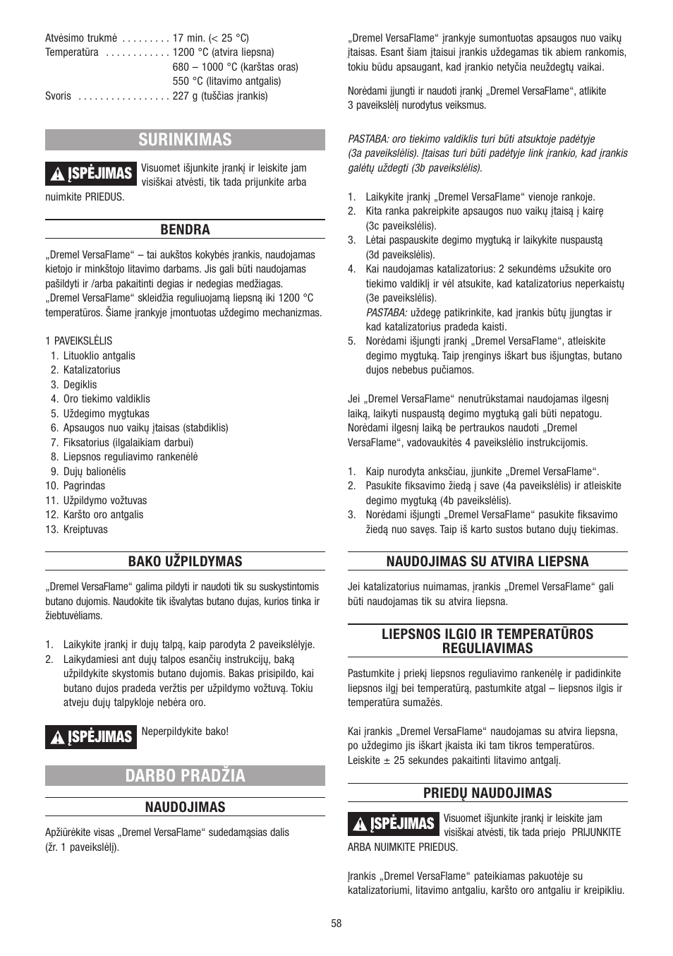 Surinkimas, Darbo pradžia, Įspėjimas | Dremel VersaFlame User Manual | Page 58 / 80