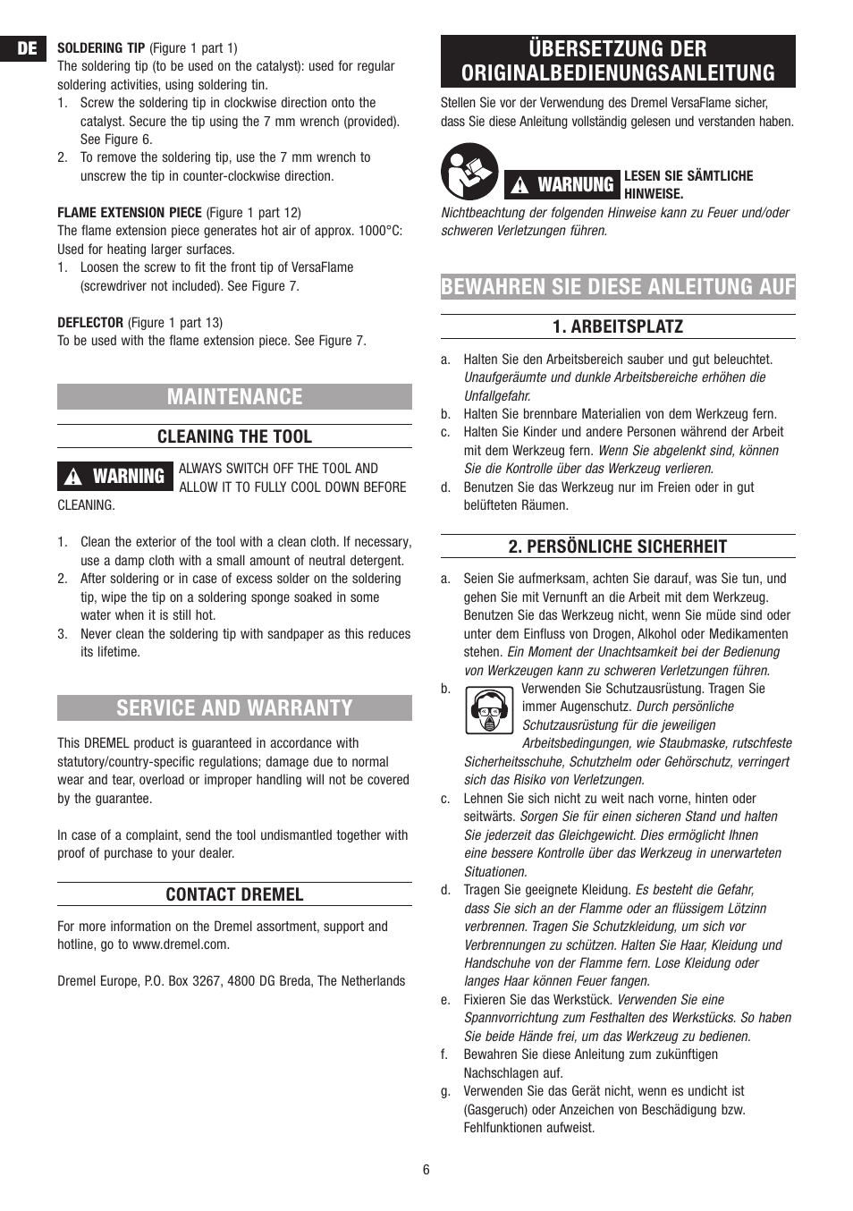 Maintenance, Service and warranty, Übersetzung der originalbedienungsanleitung | Bewahren sie diese anleitung auf, Warning, Warnung | Dremel VersaFlame User Manual | Page 6 / 80