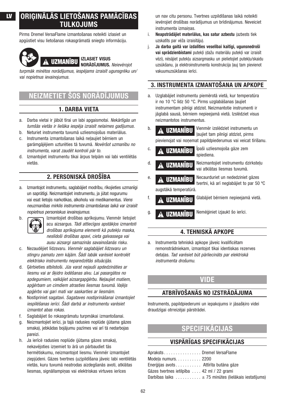 Oriģinālās lietošanas pamācības tulkojums, Neizmetiet šos norādījumus, Vide | Specifikācijas, Uzmanību | Dremel VersaFlame User Manual | Page 62 / 80