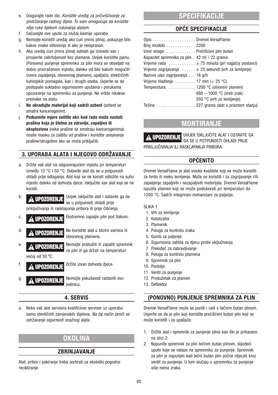 Okolina, Specifikacije, Montiranje | Upozorenje | Dremel VersaFlame User Manual | Page 65 / 80