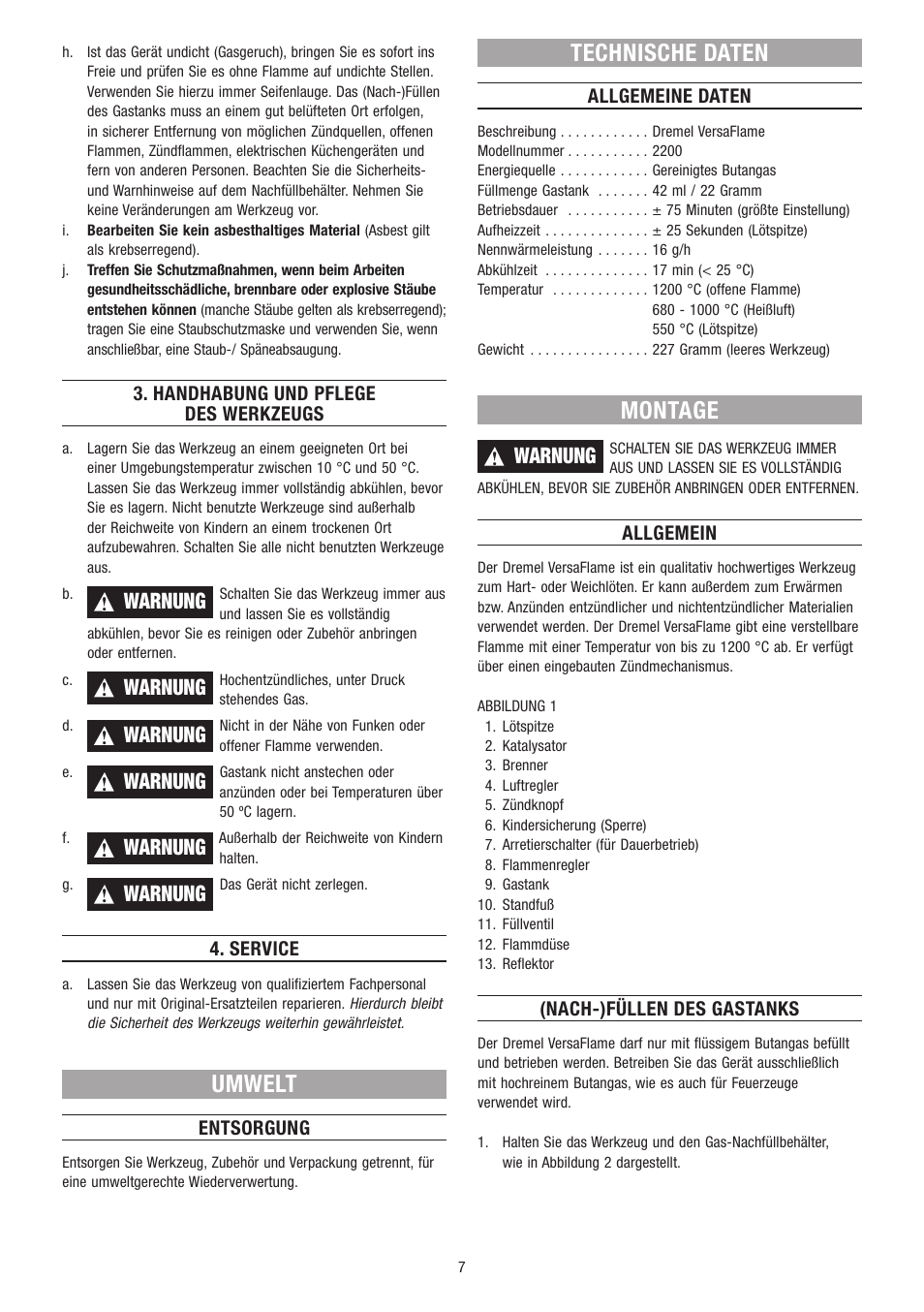 Umwelt, Technische daten, Montage | Warnung | Dremel VersaFlame User Manual | Page 7 / 80