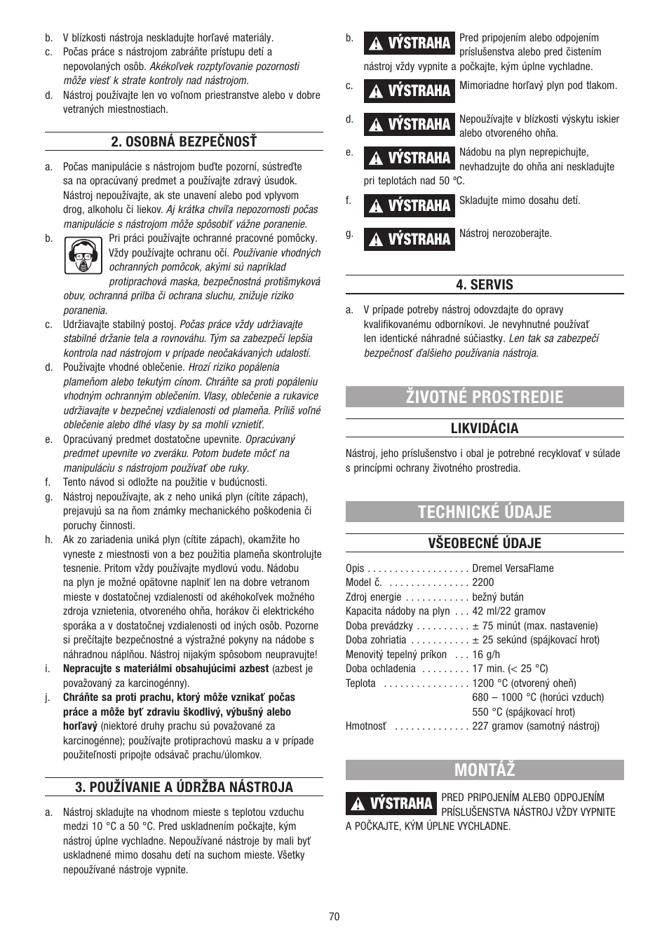 Životné prostredie, Technické údaje, Montáž | Výstraha | Dremel VersaFlame User Manual | Page 70 / 80