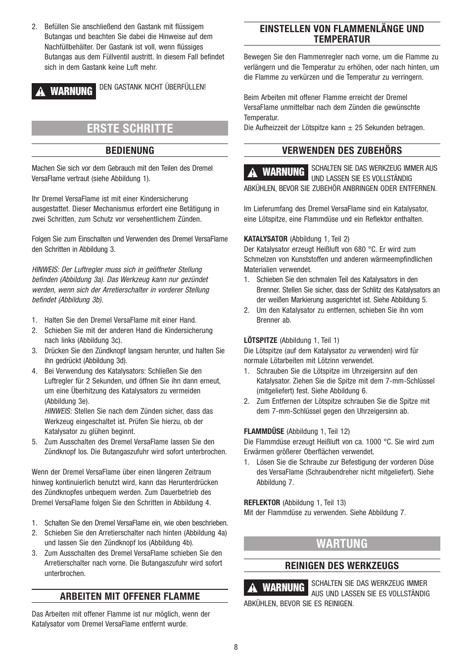 Erste schritte, Wartung, Warnung | Bedienung, Arbeiten mit offener flamme, Einstellen von flammenlänge und temperatur, Verwenden des zubehörs, Reinigen des werkzeugs | Dremel VersaFlame User Manual | Page 8 / 80