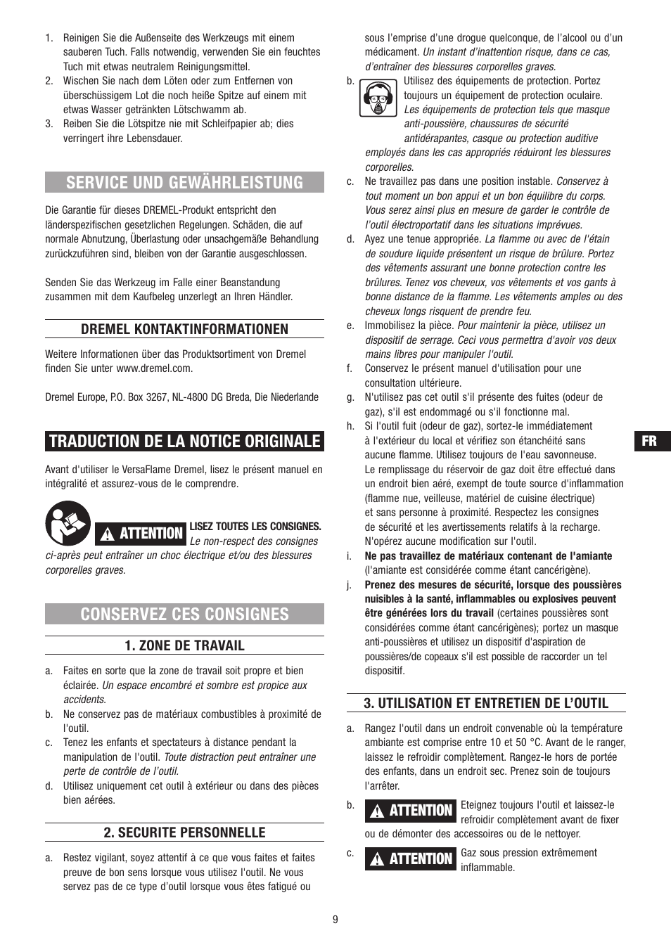 Service und gewährleistung, Traduction de la notice originale, Conservez ces consignes | Attention, Dremel kontaktinformationen, Zone de travail, Securite personnelle, Utilisation et entretien de l’outil | Dremel VersaFlame User Manual | Page 9 / 80