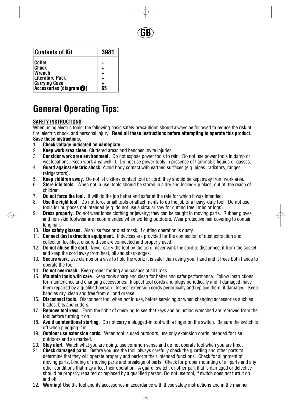 General operating tips, Contents of kit 3981 | Dremel Professional User Manual | Page 21 / 73