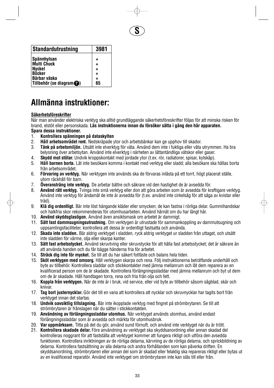Allmänna instruktioner, Standardutrustning 3981 | Dremel Professional User Manual | Page 33 / 73