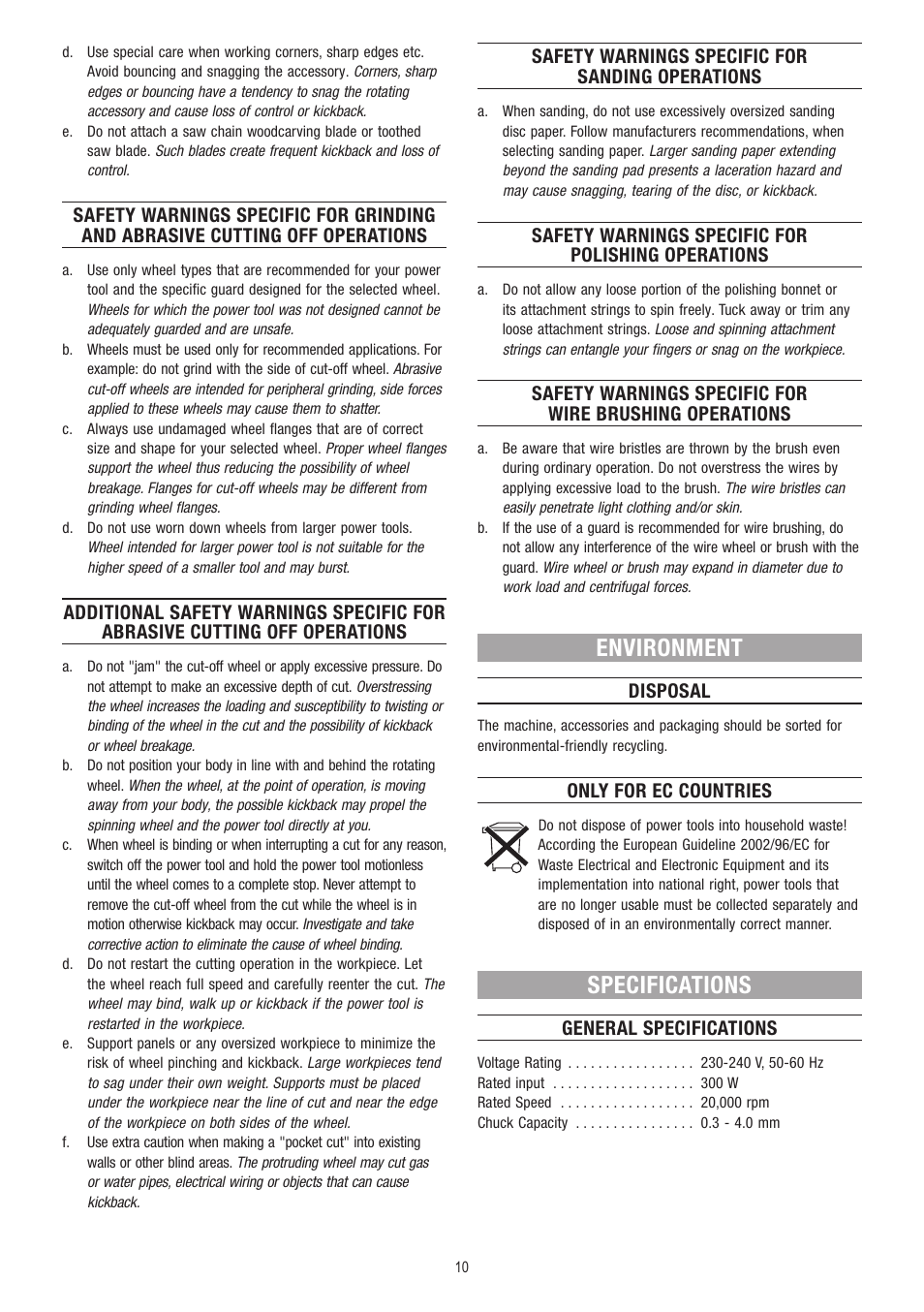 Environment, Specifications | Dremel Fortiflex User Manual | Page 10 / 132