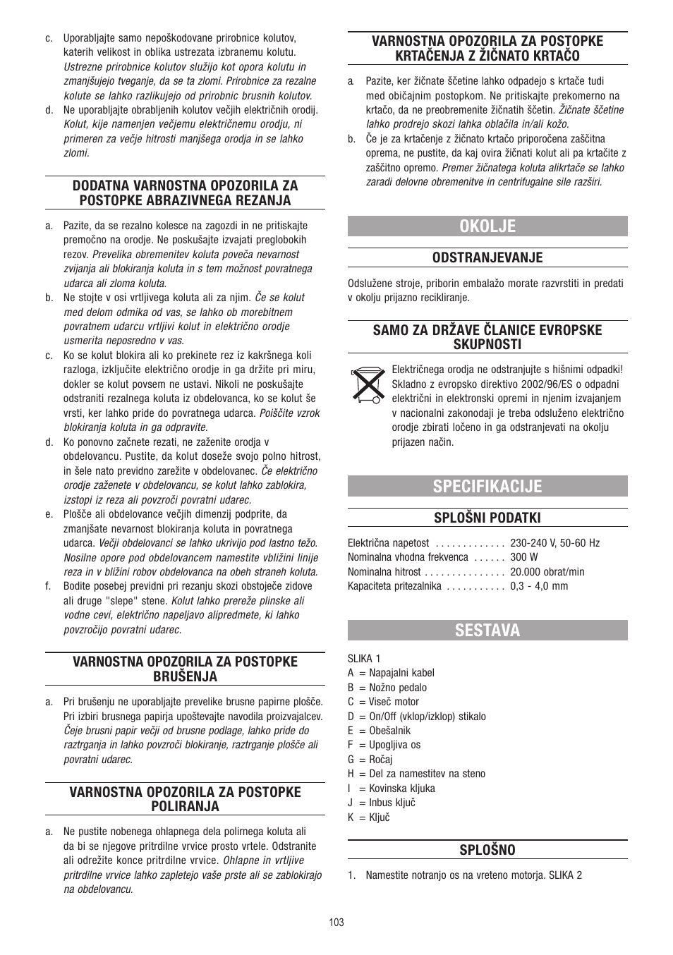 Okolje, Specifikacije, Sestava | Dremel Fortiflex User Manual | Page 103 / 132