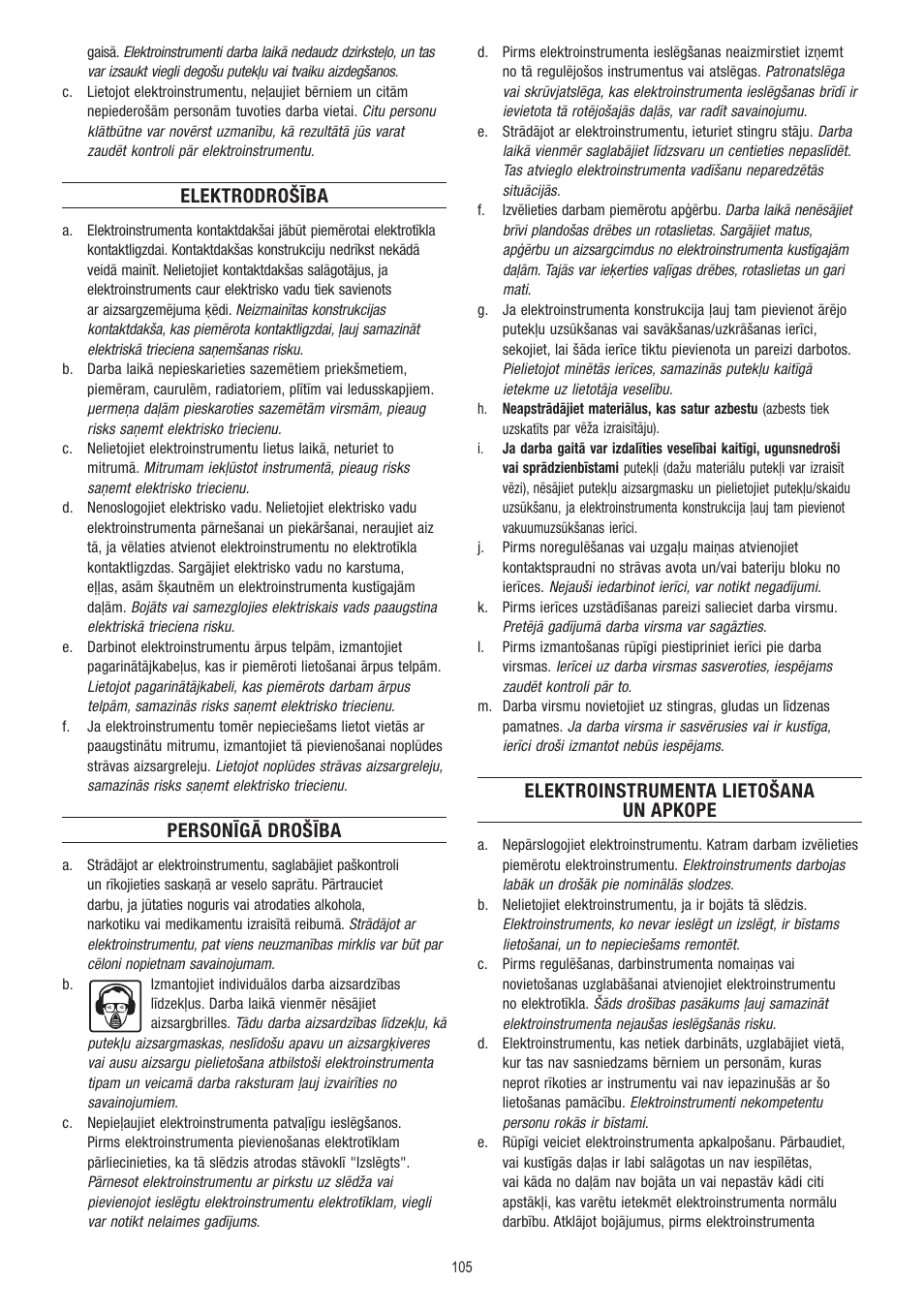 Elektrodrošība, Personīgā drošība, Elektroinstrumenta lietošana un apkope | Dremel Fortiflex User Manual | Page 105 / 132