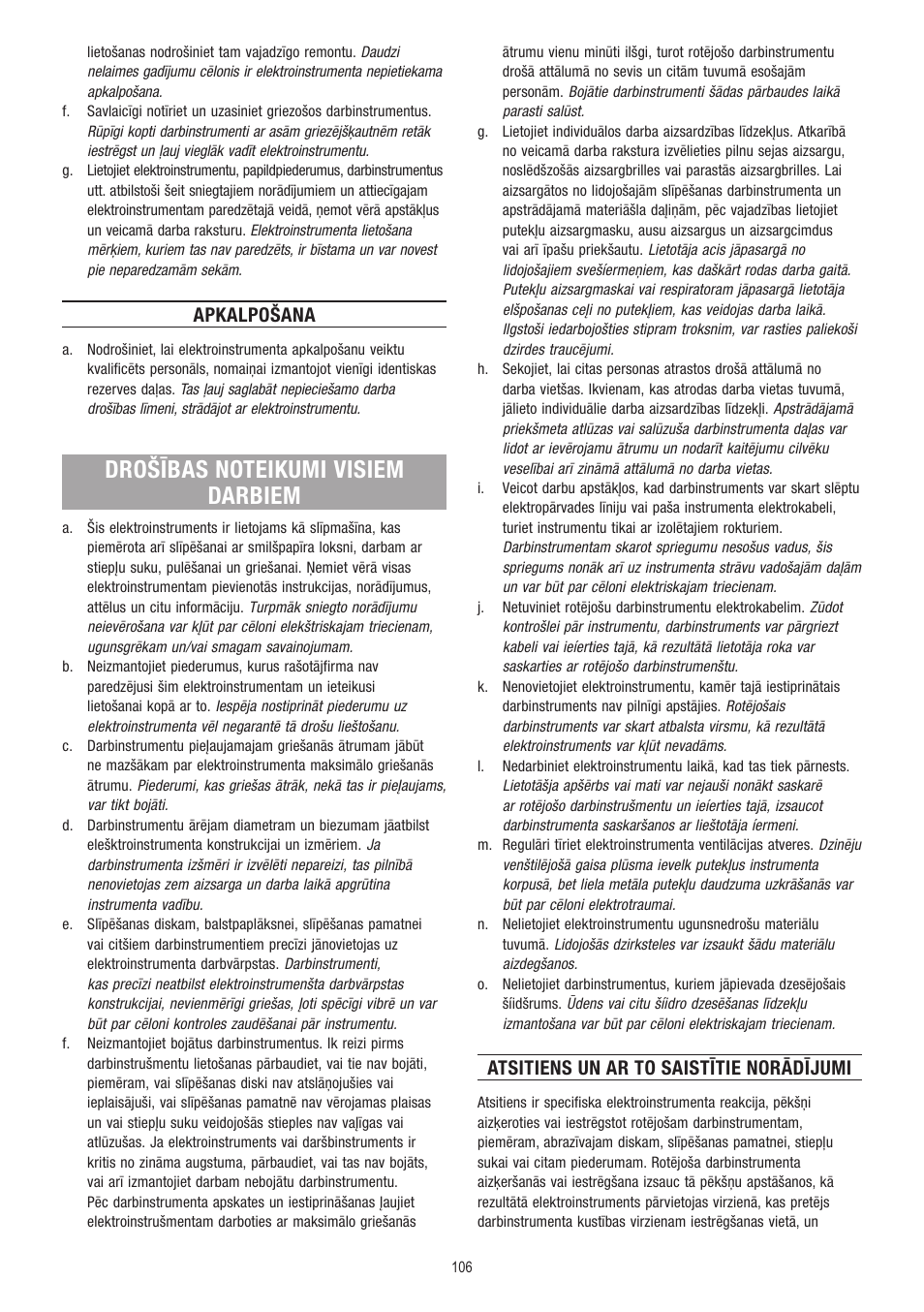 Apkalpošana, Atsitiens un ar to saistītie norādījumi | Dremel Fortiflex User Manual | Page 106 / 132