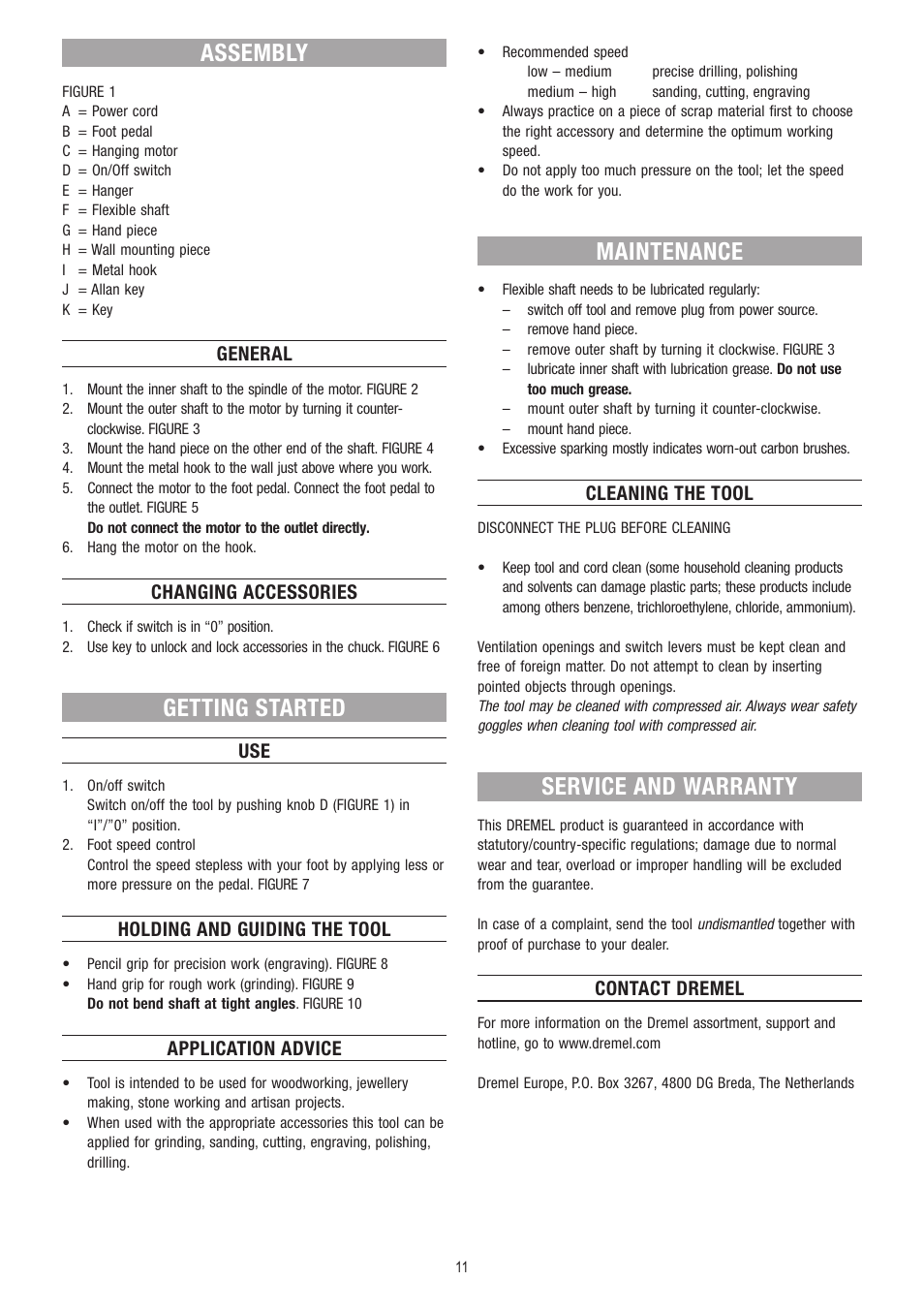 Assembly, Getting started, Maintenance | Service and warranty, General, Changing accessories, Holding and guiding the tool, Application advice, Cleaning the tool, Contact dremel | Dremel Fortiflex User Manual | Page 11 / 132