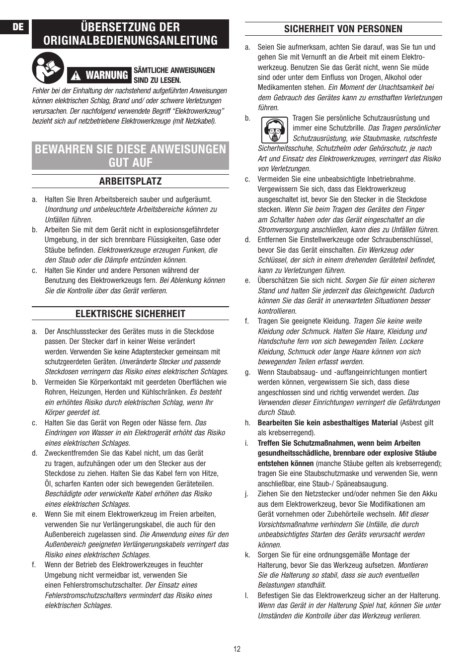 Übersetzung der originalbedienungsanleitung, Bewahren sie diese anweisungen gut auf, Warnung | Arbeitsplatz, Elektrische sicherheit, Sicherheit von personen | Dremel Fortiflex User Manual | Page 12 / 132