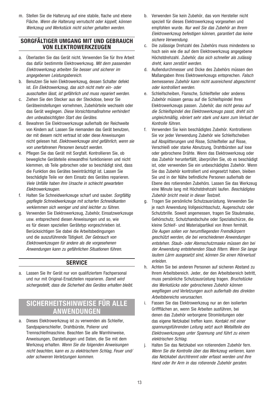 Sicherheitshinweise für alle anwendungen, Service | Dremel Fortiflex User Manual | Page 13 / 132