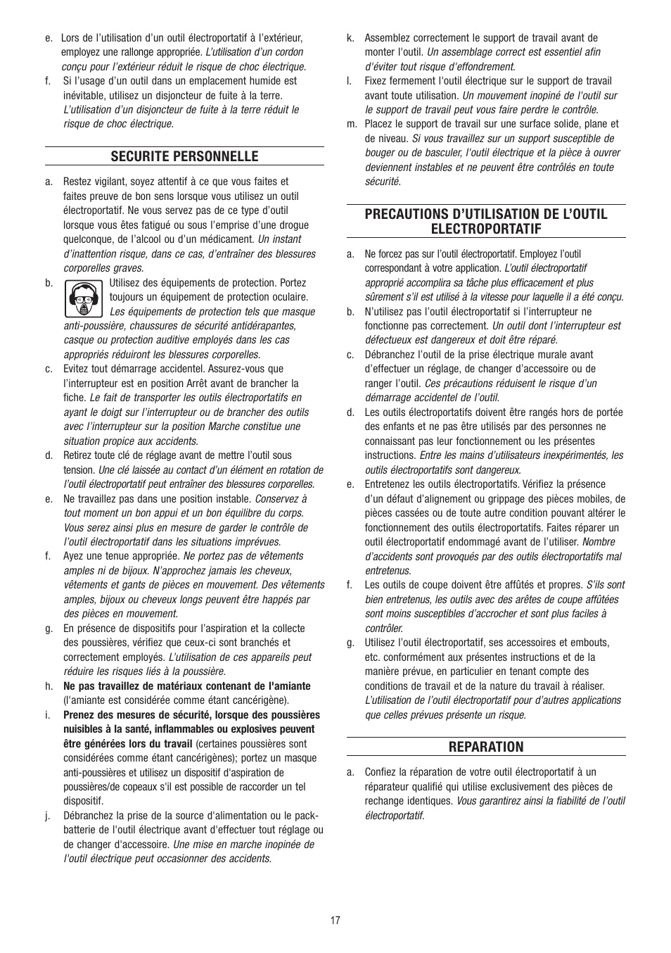 Securite personnelle, Reparation | Dremel Fortiflex User Manual | Page 17 / 132