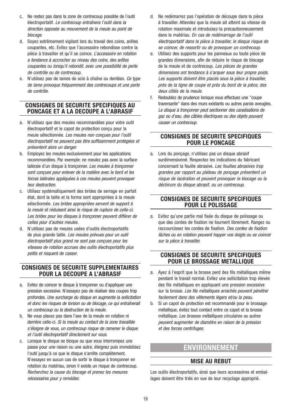 Environnement, Consignes de securite specifiques pour le poncage, Mise au rebut | Dremel Fortiflex User Manual | Page 19 / 132