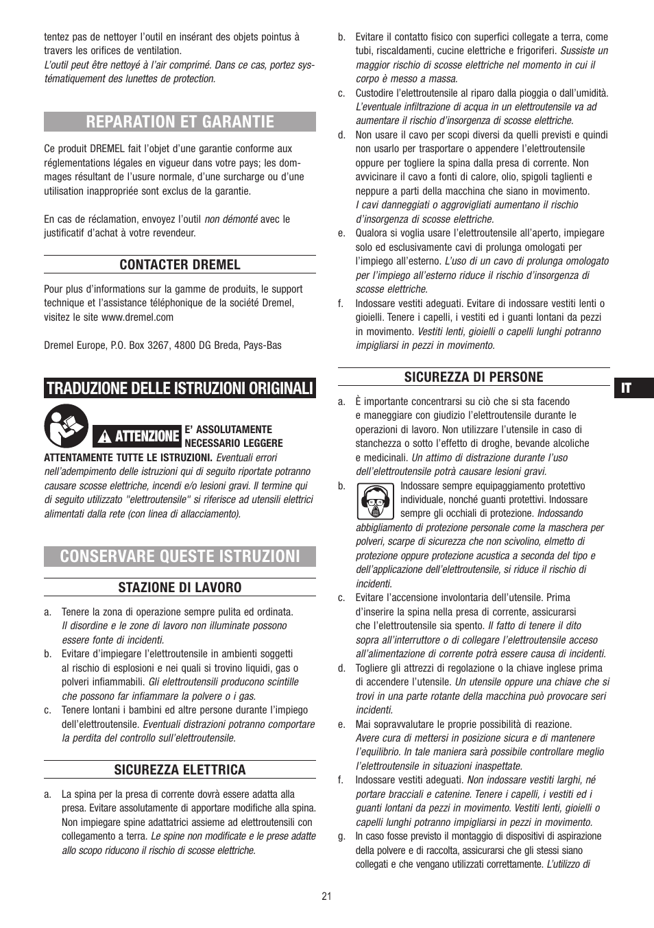 Reparation et garantie, Traduzione delle istruzioni originali, Conservare queste istruzioni | Attenzione, Contacter dremel, Stazione di lavoro, Sicurezza elettrica, Sicurezza di persone | Dremel Fortiflex User Manual | Page 21 / 132