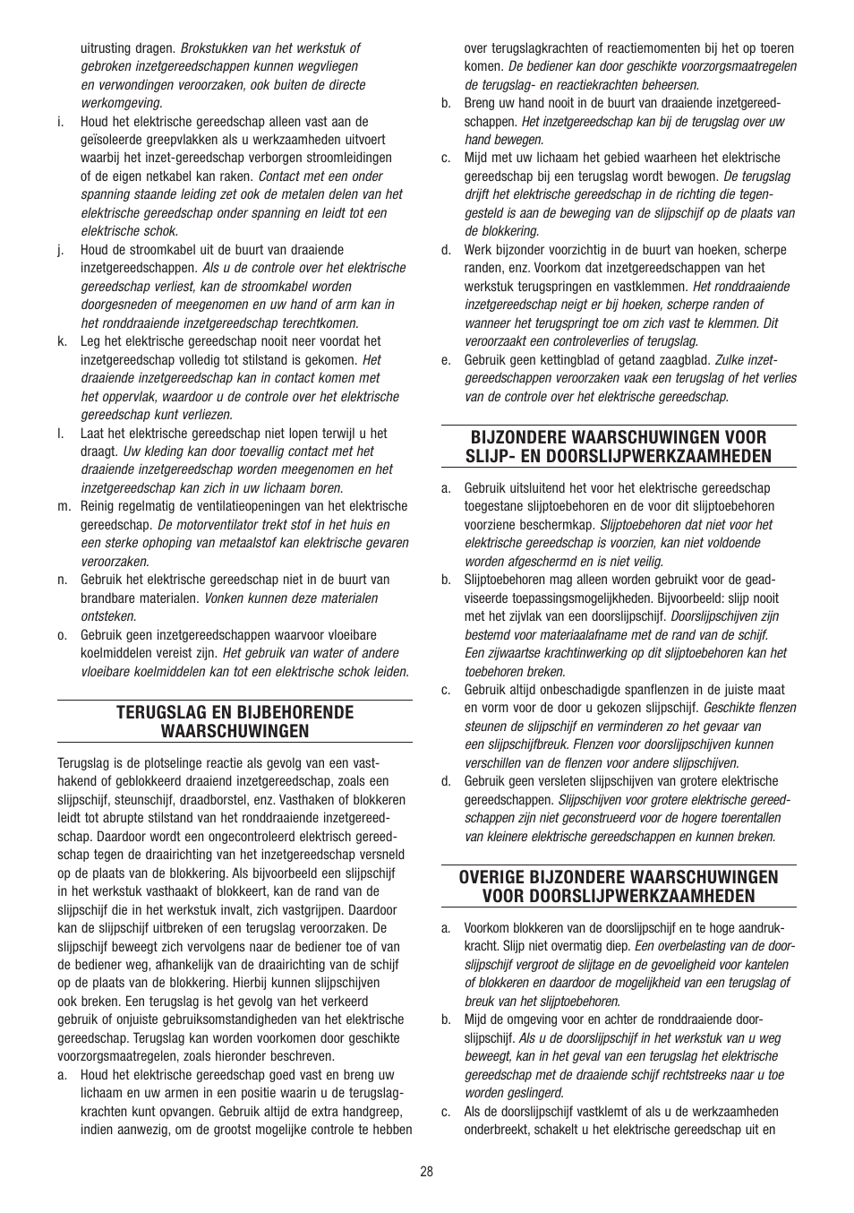 Terugslag en bijbehorende waarschuwingen | Dremel Fortiflex User Manual | Page 28 / 132