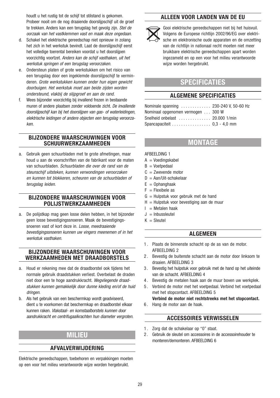 Milieu, Specificaties, Montage | Dremel Fortiflex User Manual | Page 29 / 132