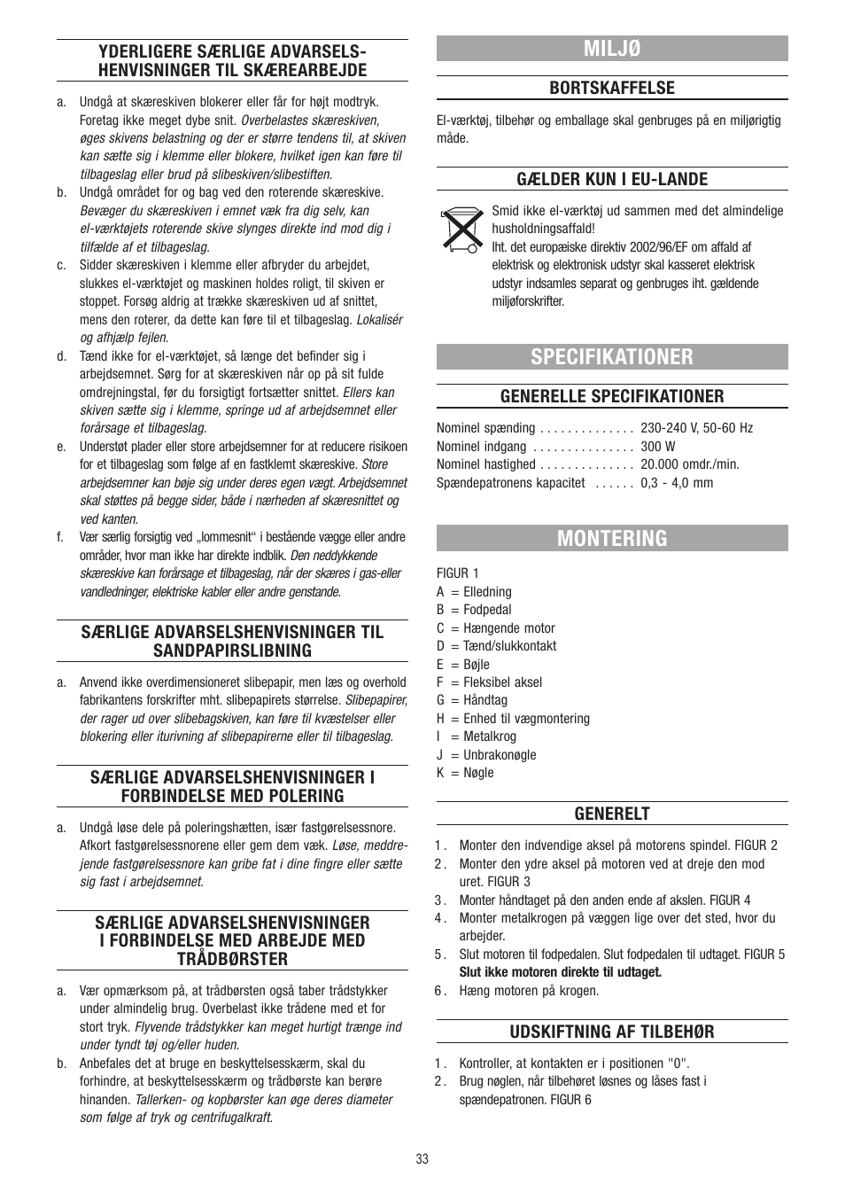 Miljø, Specifikationer, Montering | Dremel Fortiflex User Manual | Page 33 / 132