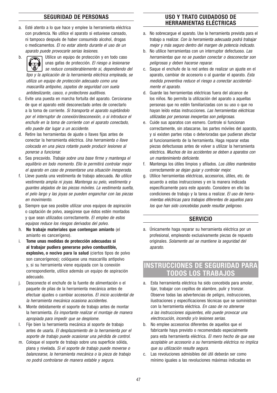 Instrucciones de seguridad para todos los trabajos, Seguridad de personas, Uso y trato cuidadoso de herramientas eléctricas | Servicio | Dremel Fortiflex User Manual | Page 47 / 132