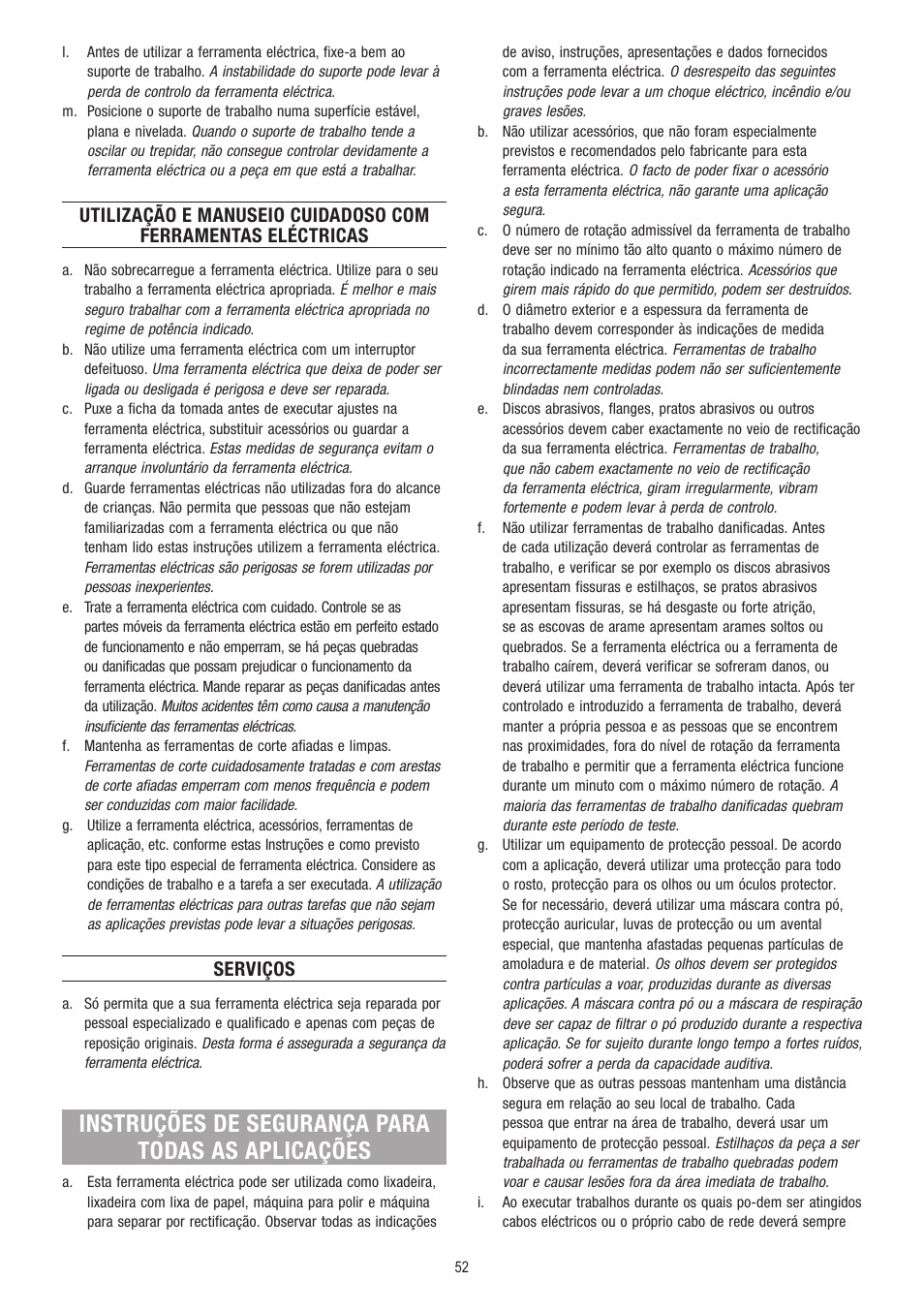 Instruções de segurança para todas as aplicações, Serviços | Dremel Fortiflex User Manual | Page 52 / 132