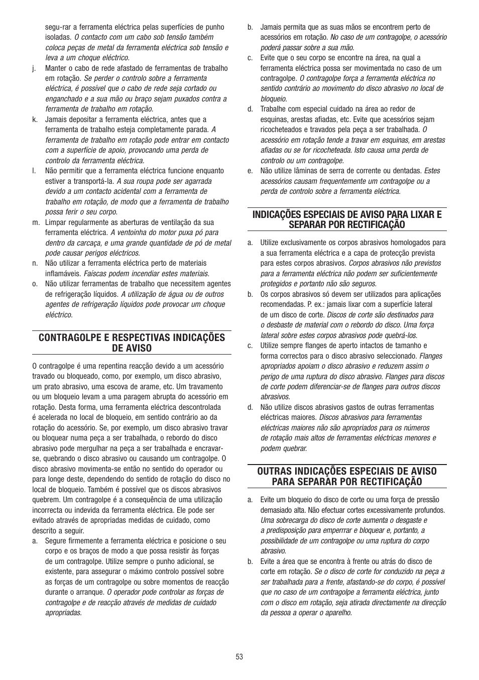 Contragolpe e respectivas indicações de aviso | Dremel Fortiflex User Manual | Page 53 / 132