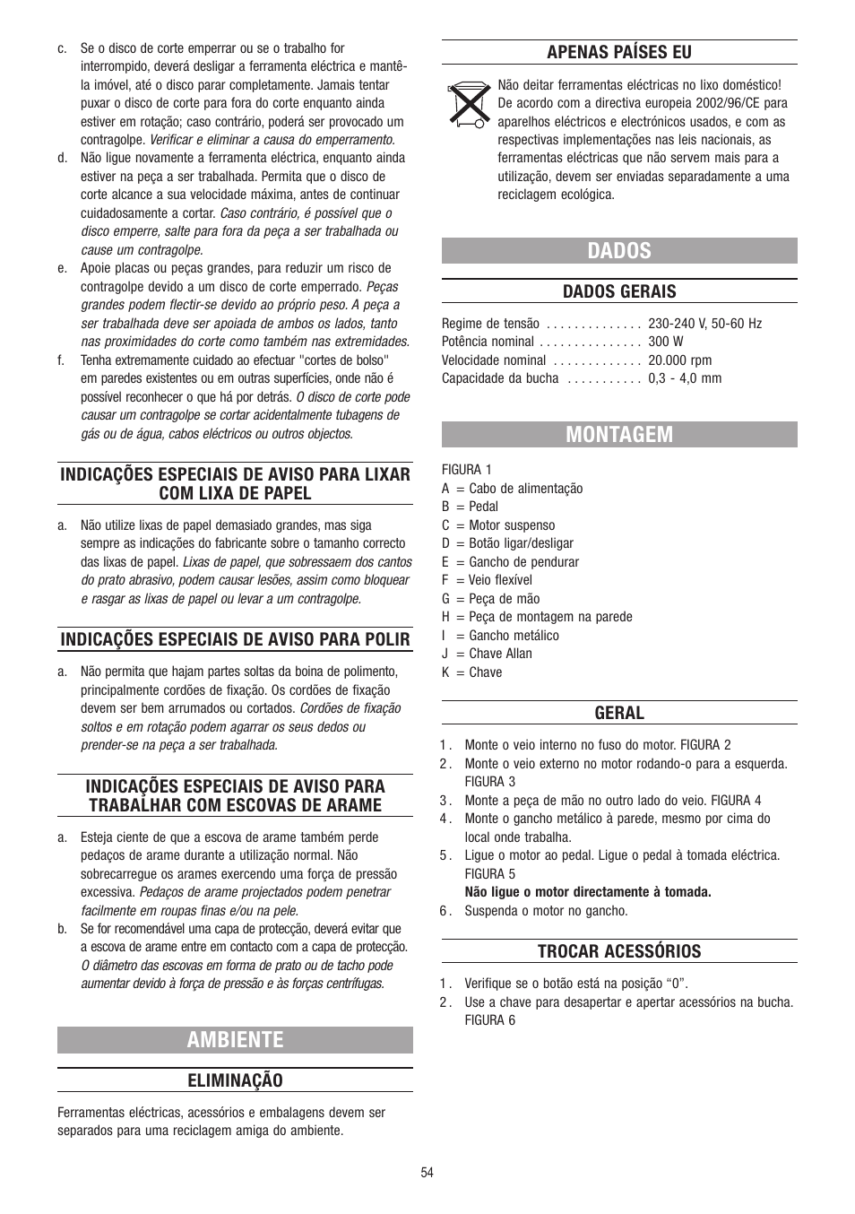 Ambiente, Dados, Montagem | Dremel Fortiflex User Manual | Page 54 / 132
