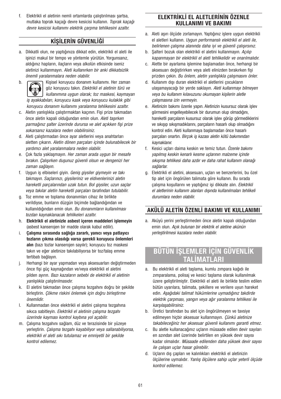 Bütün işlemler için güvenlik talimatlari, Kişilerin güvenliği, Akülü aletin özenli bakimi ve kullanimi | Dremel Fortiflex User Manual | Page 61 / 132