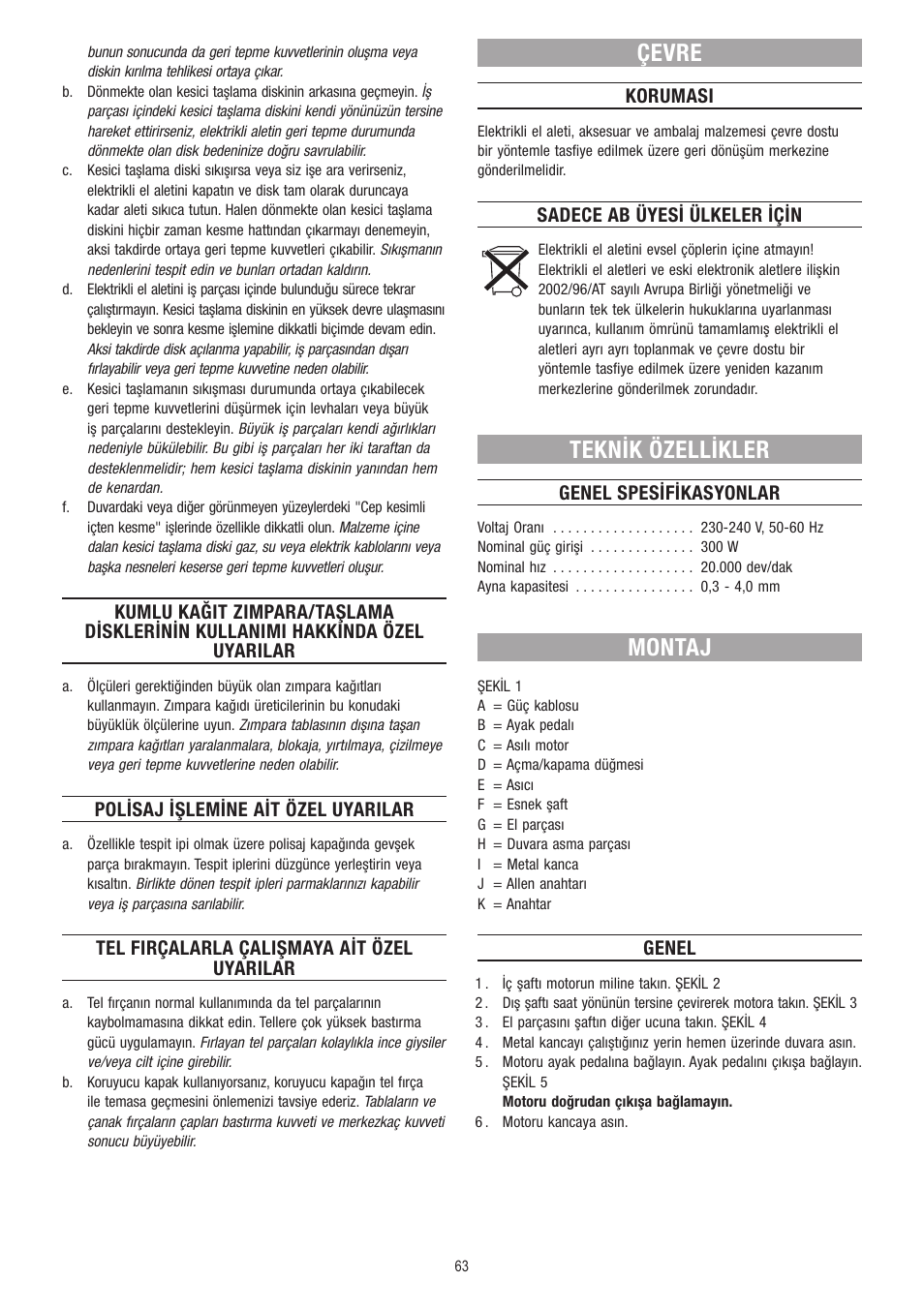 Çevre, Teknik özellikler, Montaj | Dremel Fortiflex User Manual | Page 63 / 132