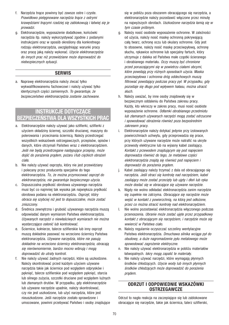 Serwis, Odrzut i odpowiednie wskazówki ostrzegawcze | Dremel Fortiflex User Manual | Page 70 / 132