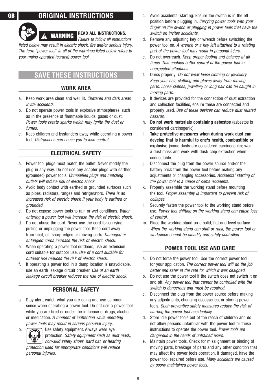 Original instructions, Save these instructions, Warning | Work area, Electrical safety, Personal safety, Power tool use and care | Dremel Fortiflex User Manual | Page 8 / 132