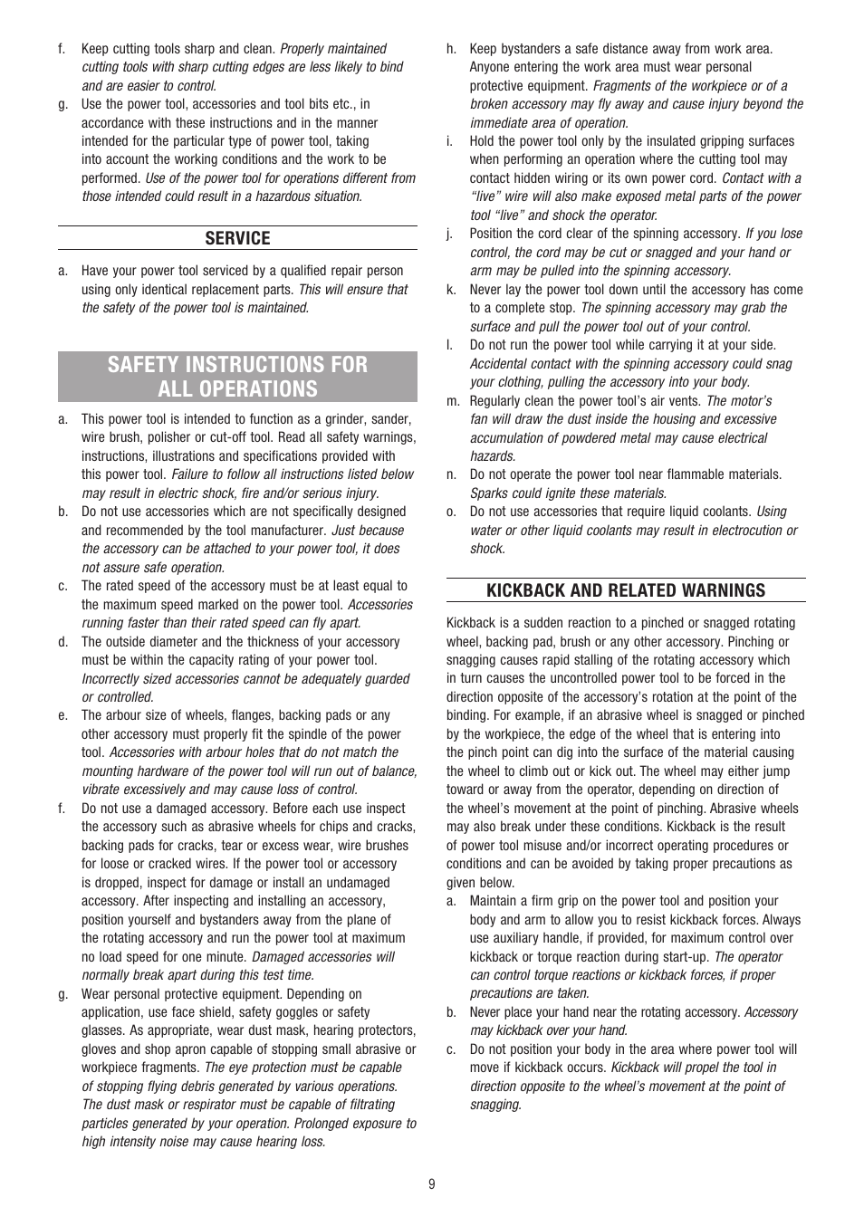 Safety instructions for all operations, Service, Kickback and related warnings | Dremel Fortiflex User Manual | Page 9 / 132