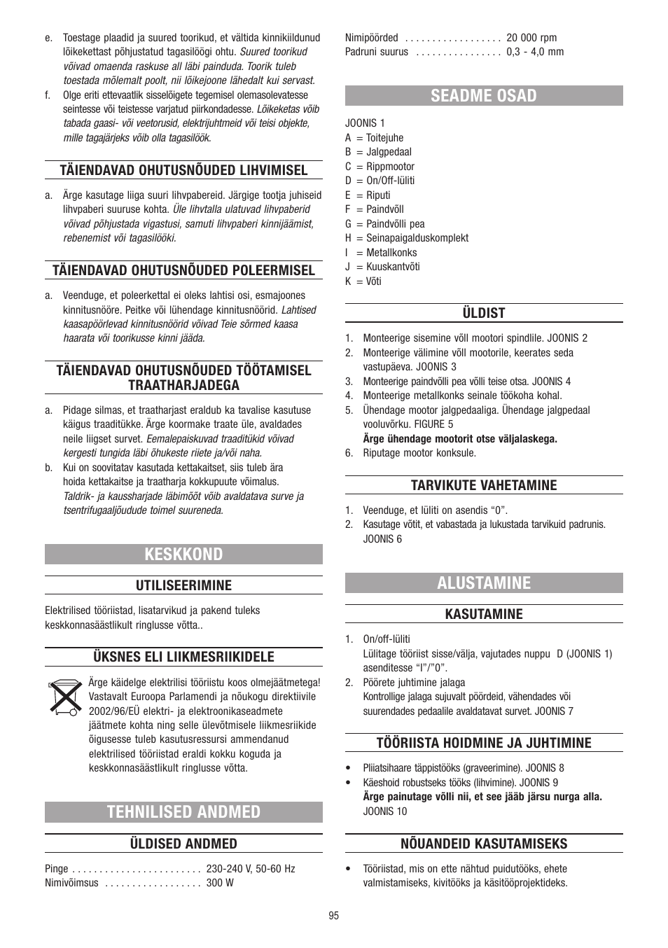 Keskkond, Tehnilised andmed, Seadme osad | Alustamine | Dremel Fortiflex User Manual | Page 95 / 132
