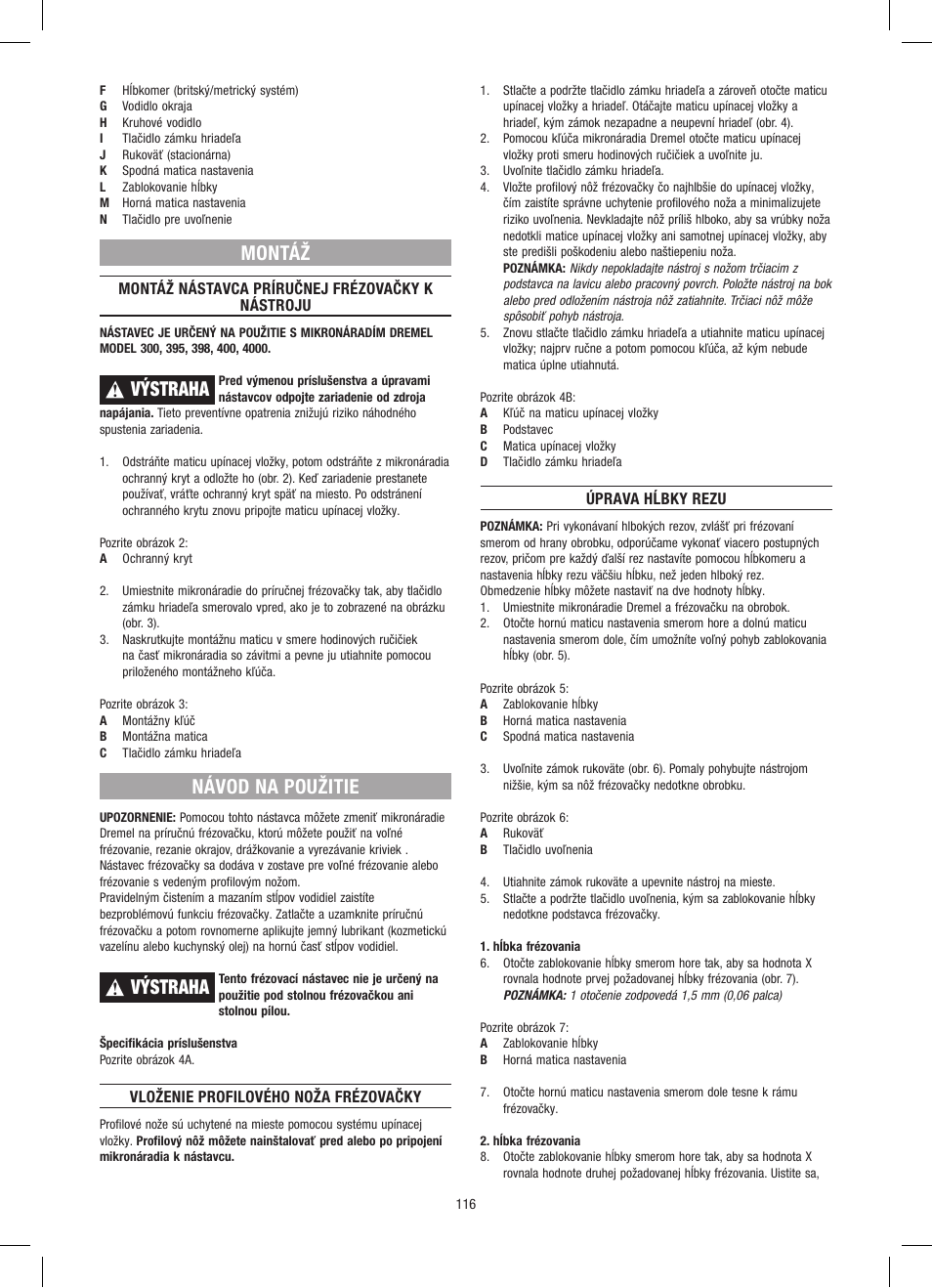 Montáž, Výstraha, Návod na použitie | Dremel Приставка для фрезерования User Manual | Page 116 / 120