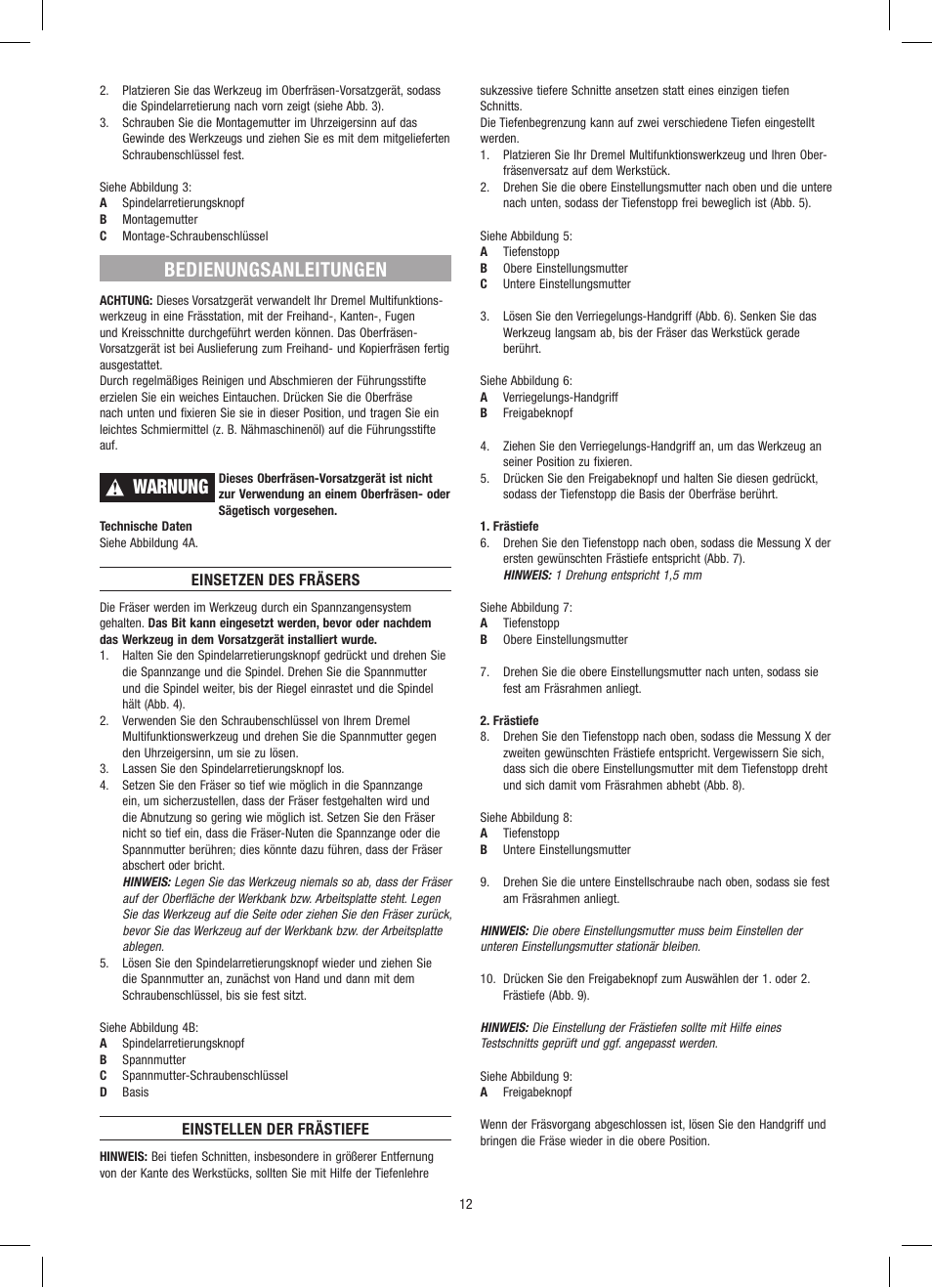 Bedienungsanleitungen, Warnung | Dremel Приставка для фрезерования User Manual | Page 12 / 120