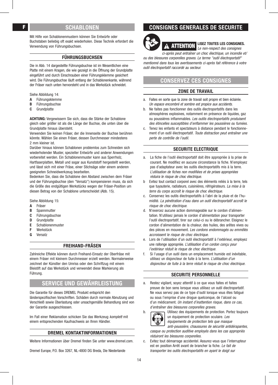 Schablonen, Service und gewährleistung, Consignes generales de securite | Attention, Conservez ces consignes | Dremel Приставка для фрезерования User Manual | Page 14 / 120