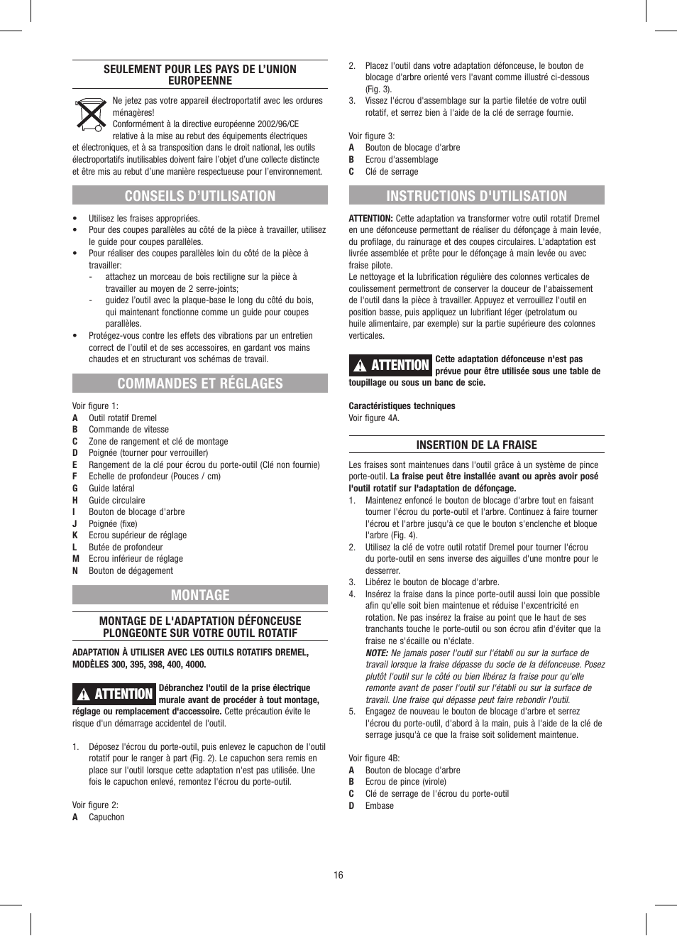Conseils d’utilisation, Commandes et réglages, Montage | Attention, Instructions d'utilisation | Dremel Приставка для фрезерования User Manual | Page 16 / 120