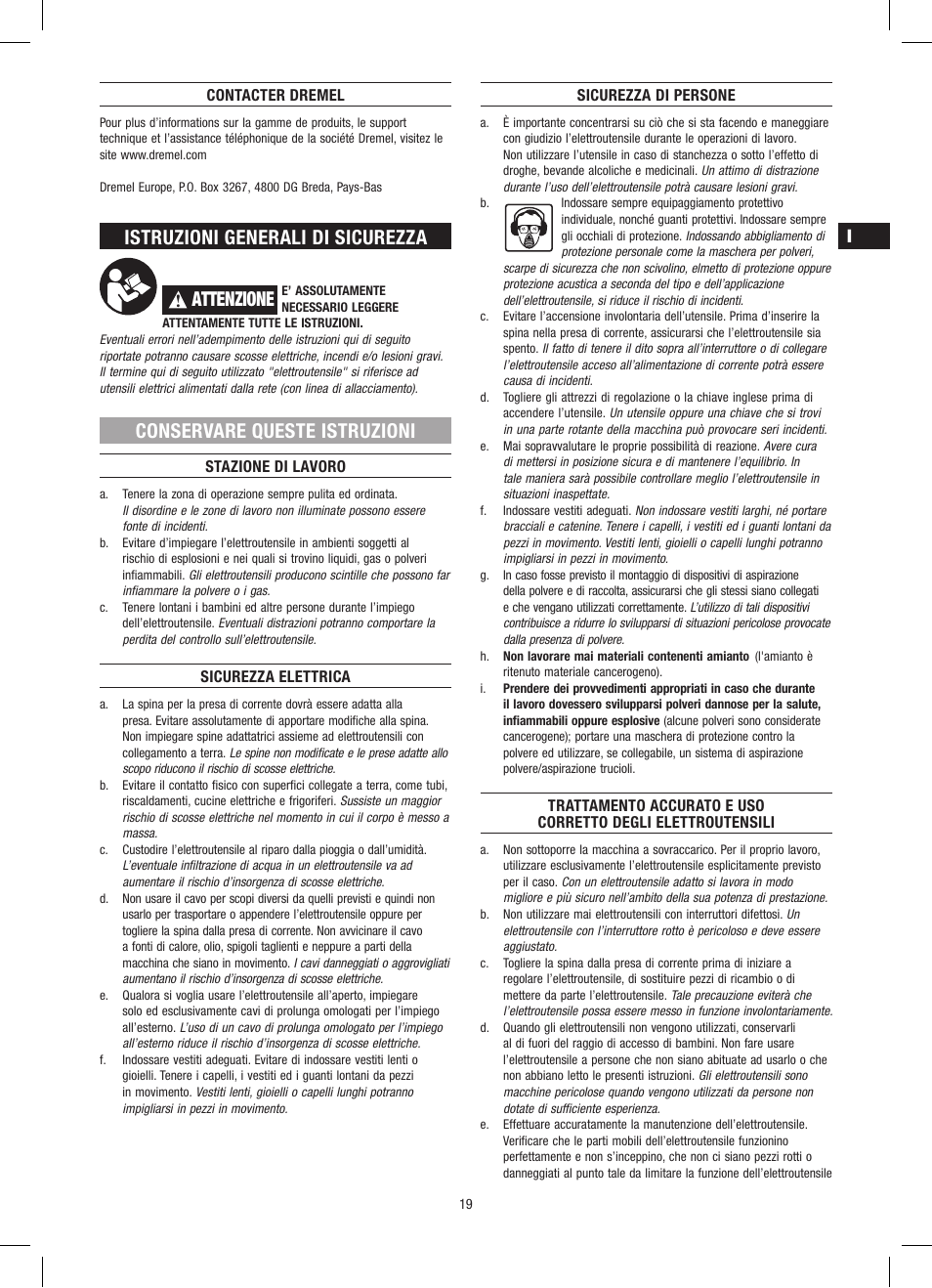 Istruzioni generali di sicurezza, Attenzione, Conservare queste istruzioni | Dremel Приставка для фрезерования User Manual | Page 19 / 120