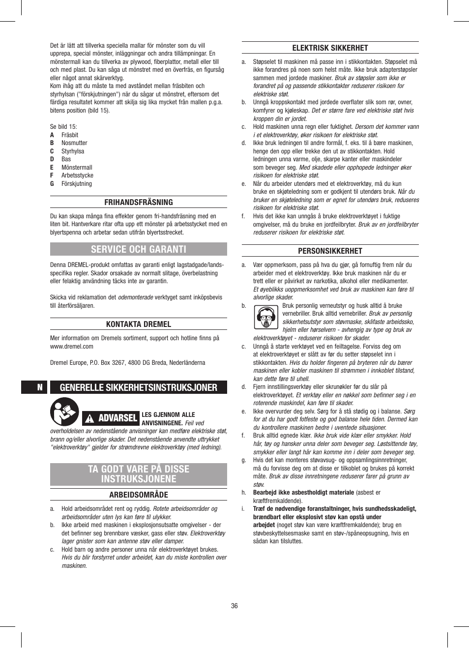 Service och garanti, Generelle sikkerhetsinstruksjoner, Advarsel | Ta godt vare på disse instruksjonene | Dremel Приставка для фрезерования User Manual | Page 36 / 120