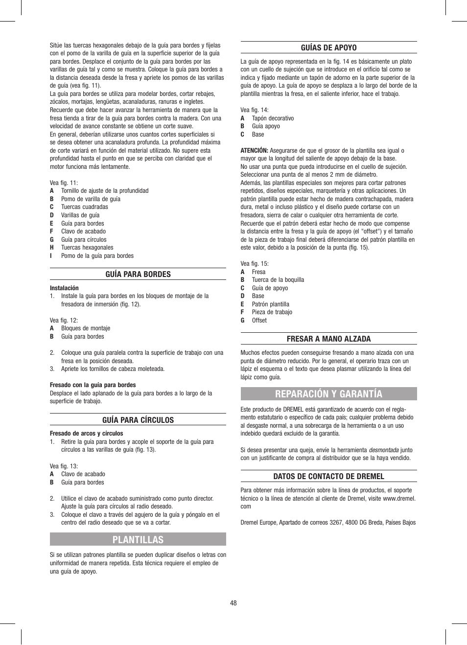 Plantillas, Reparación y garantía | Dremel Приставка для фрезерования User Manual | Page 48 / 120
