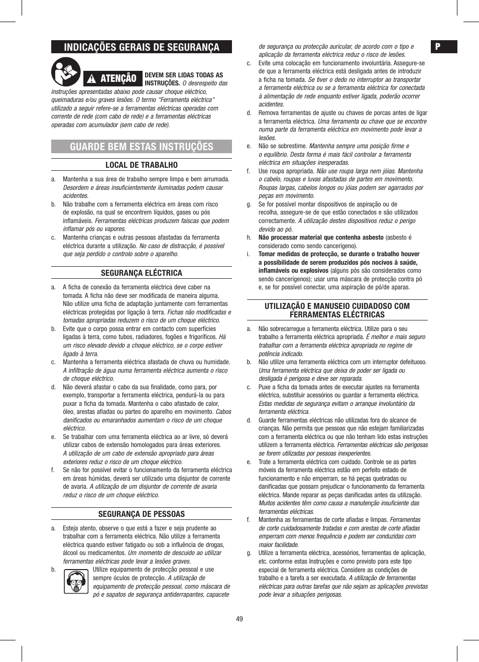 Indicações gerais de segurança, Atençâo, Guarde bem estas instruções | Dremel Приставка для фрезерования User Manual | Page 49 / 120